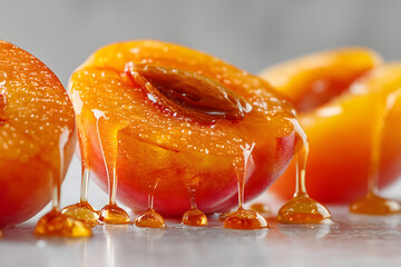 Sliced peach and apricot with dripping juice, white background, high-key style