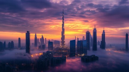 Dubai sunset panoramic view of downtown covered with clouds. Dubai is super modern city of UAE, cosmopolitan megalopolis. Very high resolution image