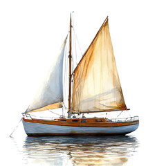 watercolor of Classic Wooden Boat With A Sail, vector, isolated on a white background.