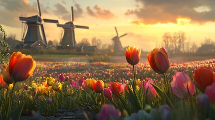 Vibrant tulips field with Dutch windmills
