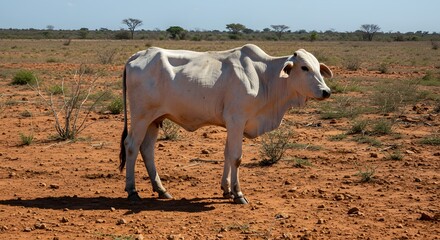 A serene view of a white cow standing amidst a dry, sun-drenched landscape under a vast sky.
