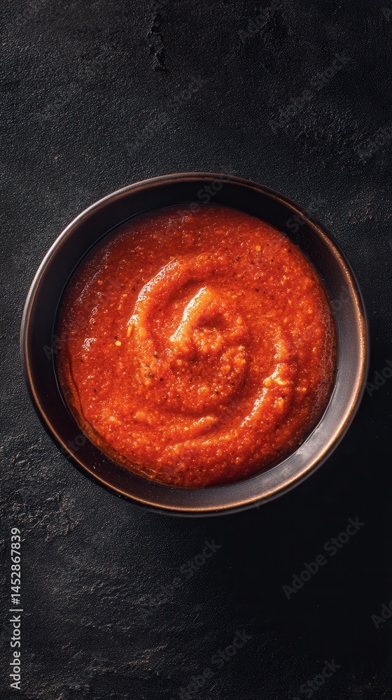 Poster overhead shot of homemade tomato sauce in a dark bowl on a black textured background showcasing rich