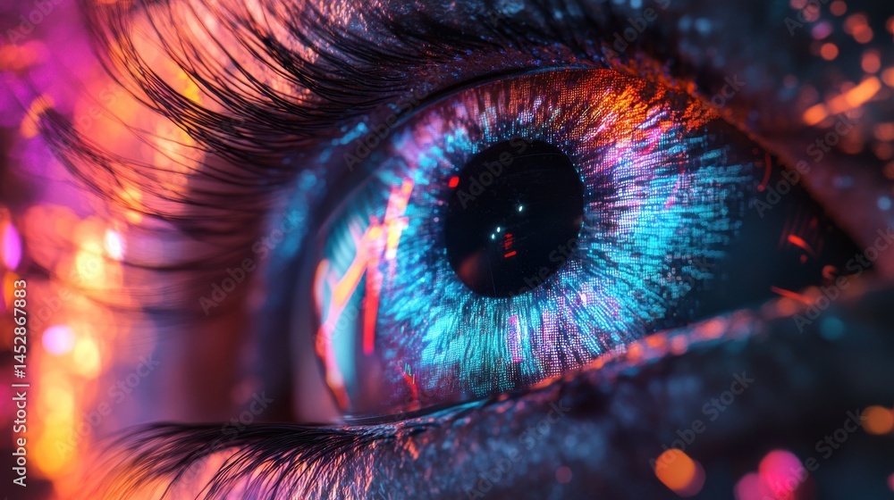 Poster digital data visualization: an eye-level shot presents a futuristic digital landscape, featuring a m