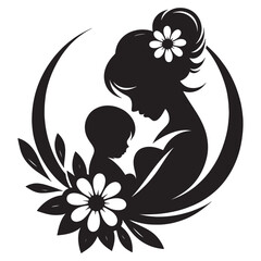 Mother and child silhouette with floral design for mothers day or baby shower celebrations concept