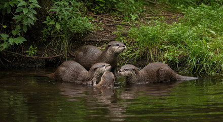 Group of Wild Otters in Forest Stream Exploring the Riverbank