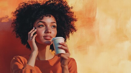 Photo of satisfied carefree woman with curly haircut, talks via smartphone, looks positively aside, drinks takeout coffee, being in good mood during lively conversation. People and lifestyle illustra