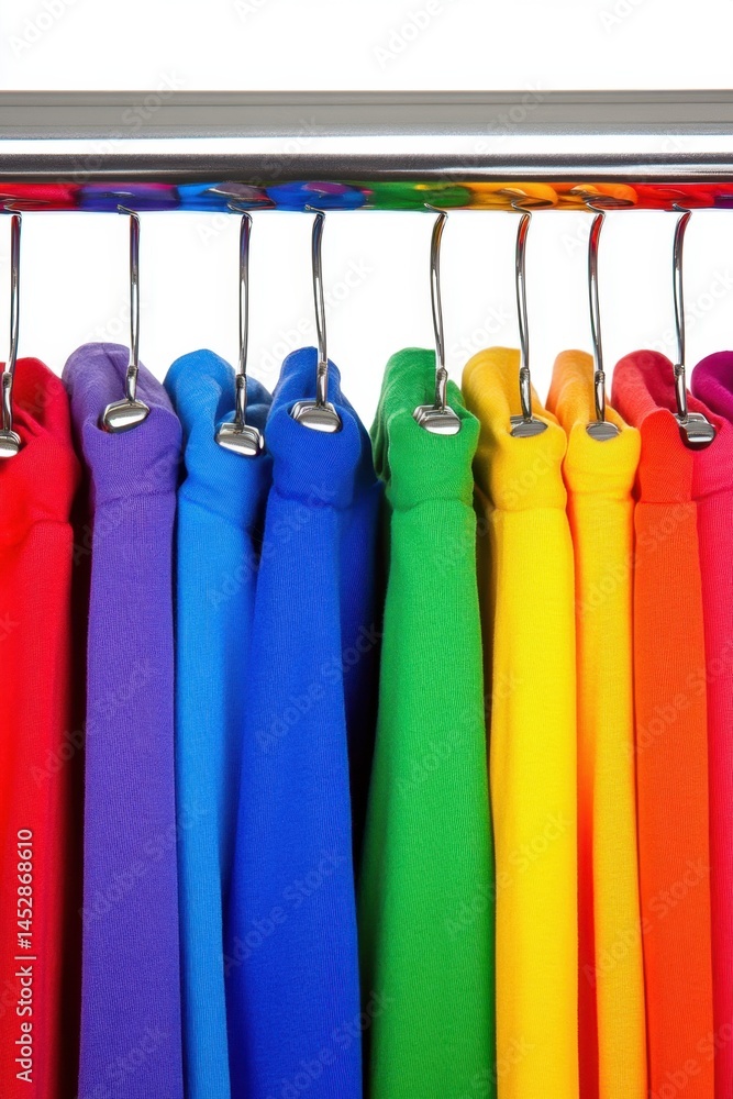 Poster vibrant array of colorful t shirts hanging neatly on a metal rack showcasing a spectrum of hues clot