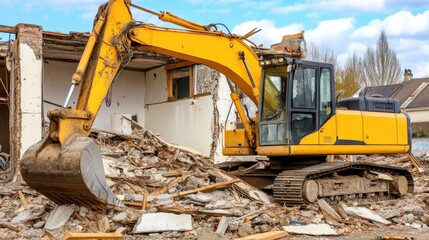 Fototapeta premium Yellow Excavator Demolishing House with Urban Renewal.