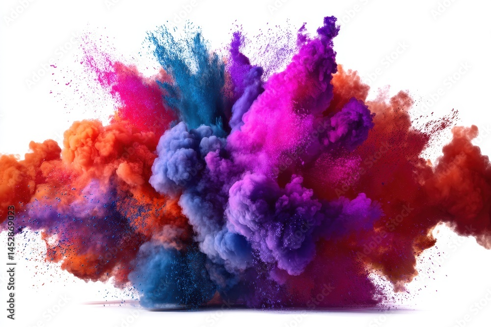 Poster vibrant explosion of colorful powder against white backdrop creating dynamic abstract art for creati