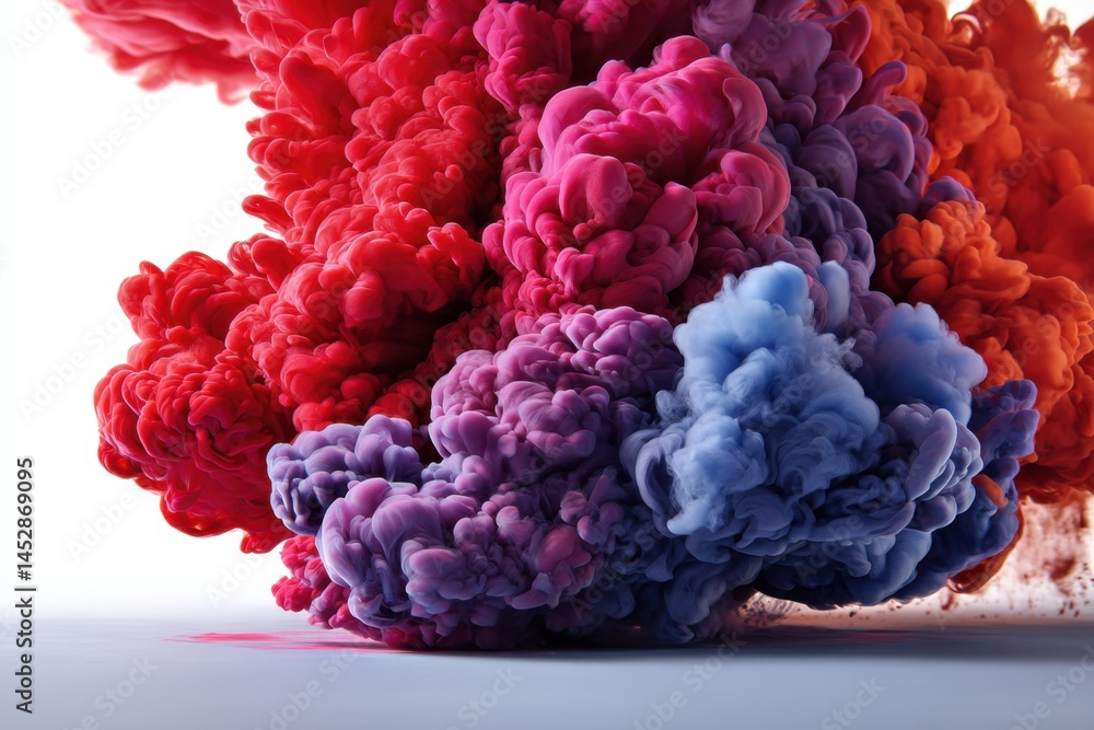 Poster abstract vibrant cloud of colorful smoke explosion in dynamic motion against a clean white backgroun