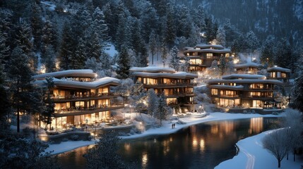 Fototapeta premium Luxury Winter Chalet Village: Lakeside Serenity in Snowy Mountains