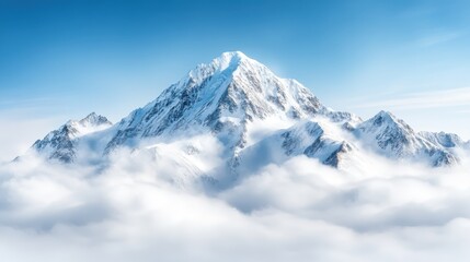 An awe-inspiring mountain peak cloaked in snow, towered by a sea of clouds, reflecting nature&rsquo;s majesty and the allure of unexplored wilderness waiting to be discovered.