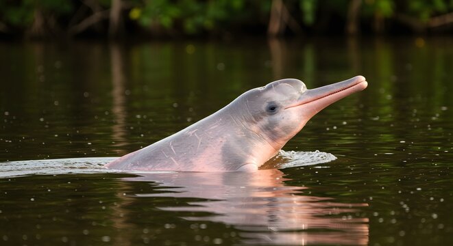 A stunning shot showcases a pink Amazon river dolphin gracefully emerging from the water.