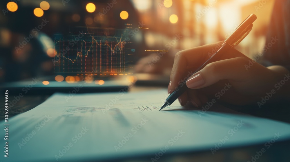 Aufkleber a person writes notes on a paper as analytical data charts are displayed in the background, embodyin