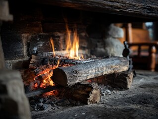 Cozy fireplace scene with burning logs creating warmth and ambiance in a rustic stone hearth home interior inviting relaxation and comfort in a dark room
