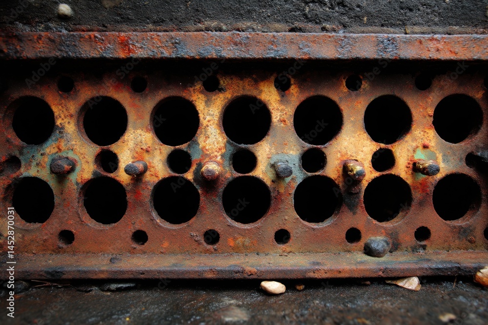 Poster weathered metal grate with circular openings showcasing rust and decay in a close up shot highlighti