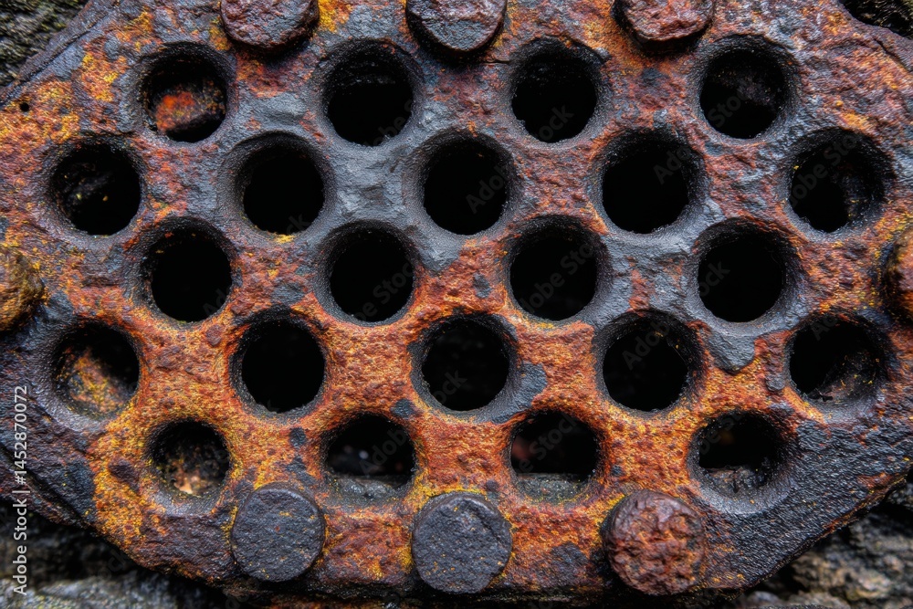 Poster close up of an old rusty corroded metal grid with round holes showing the effects of time and oxidat