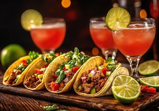 Four tacos with ground meat, tomatoes, cucumbers, cilantro on a wooden board, two margaritas with lime wedges, limes and condiments in dark vibrant background.