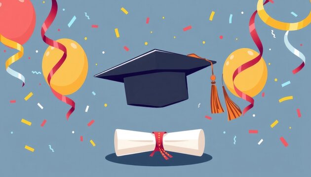 Celebratory graduation background with mortarboard, diploma, balloons and confetti for academic achievement celebrations