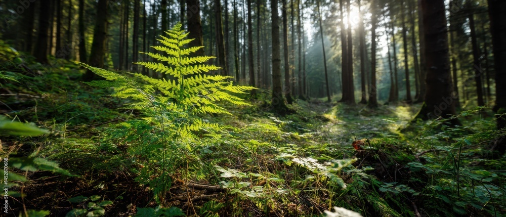 Poster fern frond illuminated by sunlight in a lush forest with tall trees creating a serene and peaceful a