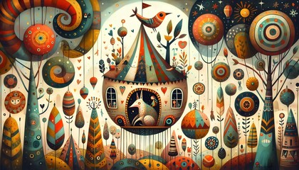 Naklejka premium Viaje a Mundos Imaginarios: Globos, Criaturas y Fantasía