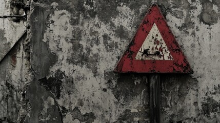 Weathered Warning Rusted Triangle Sign on Decaying Wall.