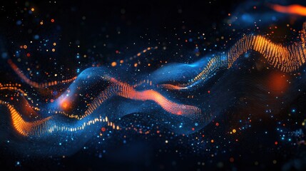 futuristic digital financial data visualization with glowing graphs, numbers, and abstract technological elements in blue and orange tones, symbolizing data analysis and trading.