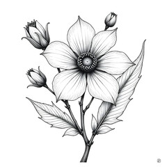 Elegant Black and White Line Art Flower Illustration.