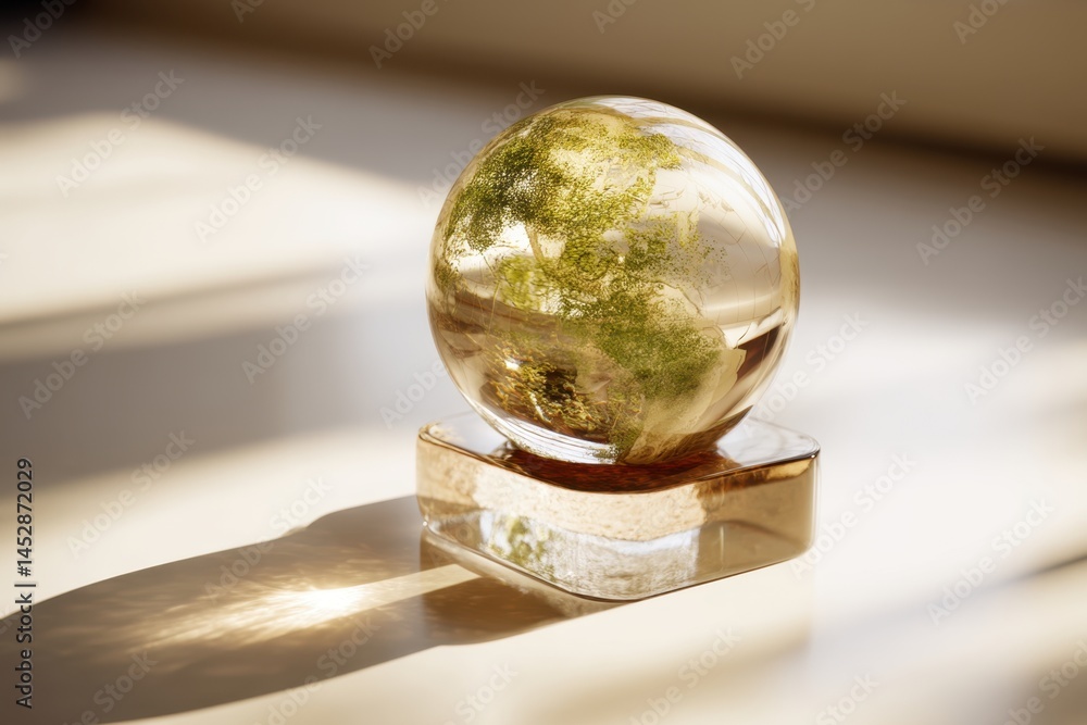 Aufkleber glass sphere with miniature tree inside on a glass base casting a soft shadow on a white surface in 