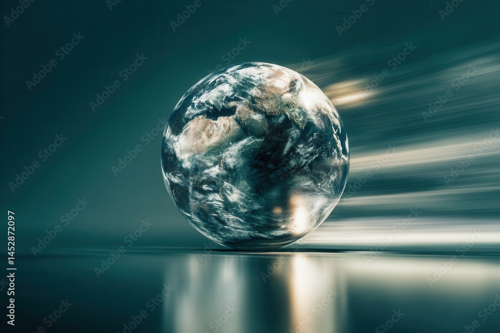 Poster dynamic earth globe with motion blur effect and reflective surface in a modern studio setting for gl