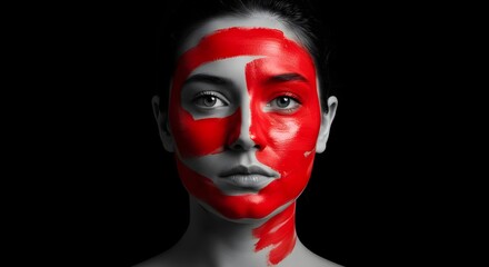 A captivating black and white portrait featuring a woman with a vibrant red painted face. Violence against women. Femicide.