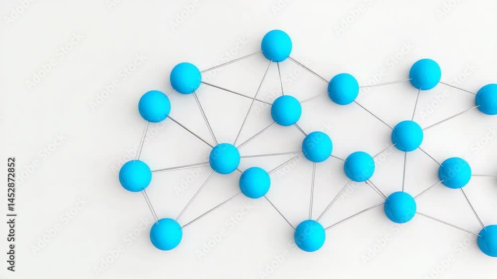 Poster abstract visualization of interconnected blue circles and lines on a white background representing n