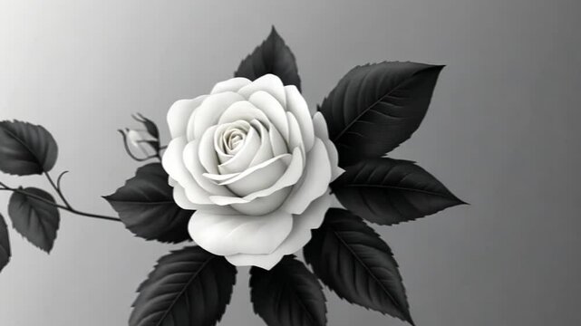 Detailed white rose on dark leaves, studio shot, for aesthetic use