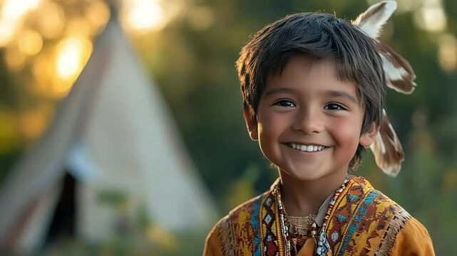 Young native american boy smiling with teepee in background at sunset