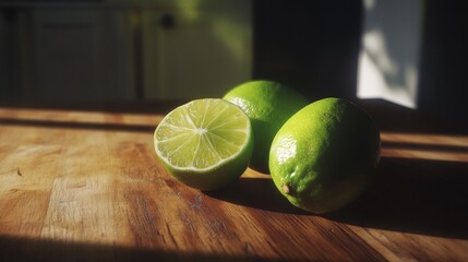 Fresh limes on wooden table, top view