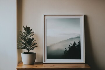Serene mountain landscape art in white frame with plant on wooden commode against a neutral wall creating a calming interior decor with a minimalist aesthetic