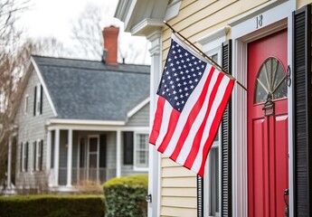 American flag on beige house with red door, black shutters, yellow-leaved tree in autumn.