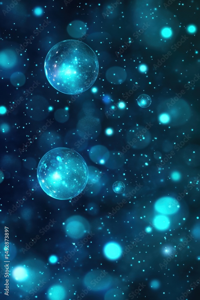 Poster ethereal luminous spheres floating in deep space with sparkling starlight and glowing bokeh effects 