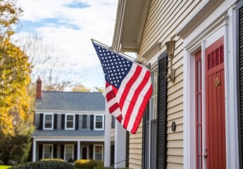 American flag on beige house with red door, black shutters, yellow-leaved tree in autumn.