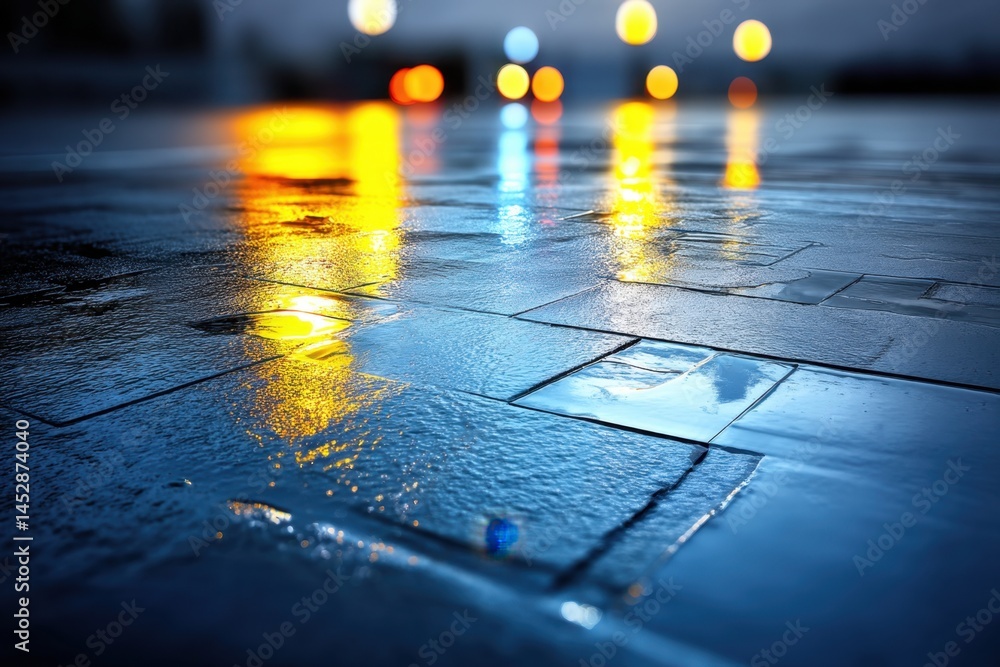 Aufkleber reflective wet pavement with blurred city lights at dusk creating a serene urban ambiance and a capt