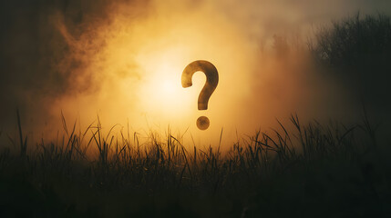 Mysterious Horizon: A large, dark question mark silhouetted against a fiery orange sunset, emerging from a misty field, symbolizing the unknowns that lie ahead.