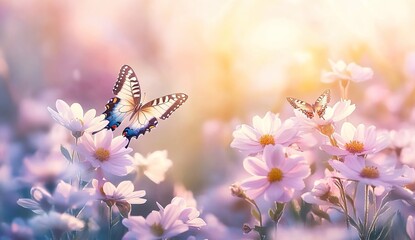 Colorful butterfly hovering over pink and white flowers with soft light halo.