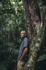 A man leans against a giant tree in a verdant rainforest, deep in thought and admiring the view.