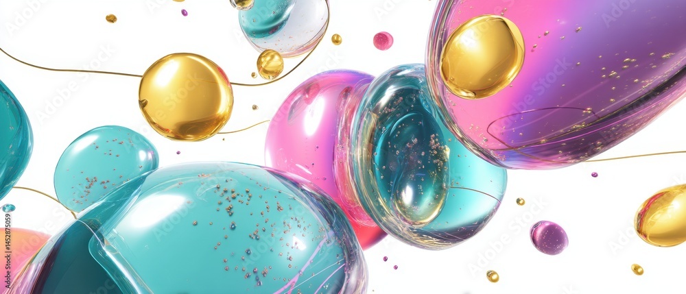 Poster abstract composition of transparent spheres with gold accents floating against a clean white backgro