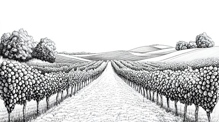Black-and-white ink vineyard drawing with central path and hillside trees.