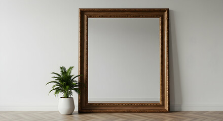 Elegant Vintage Mirror Framed Against Minimalist Wall with Plant