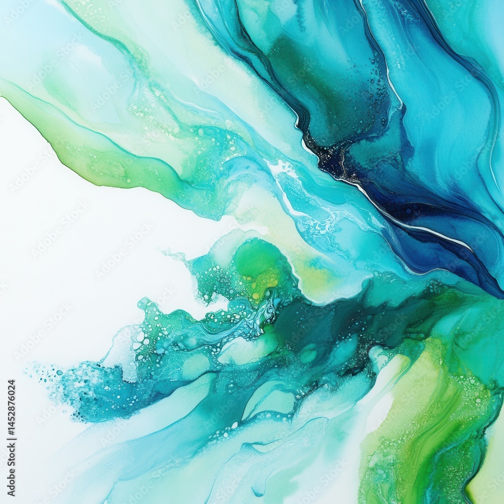 Aufkleber abstract fluid art painting in shades of teal and green creating a mesmerizing watercolor effect wit