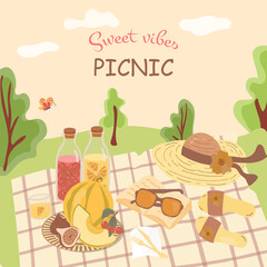 Boho illustration of summer picnic in nature on background. Flat hand drawn design with fruits, juice and summer accessories. For branding, packaging, cards, lifestyle blogs. Vector illustration