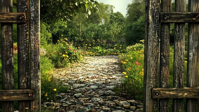 Open rustic gate to a tranquil cottage garden path