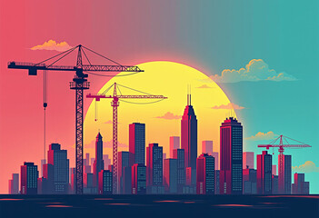 Obraz premium City skyline with construction cranes and a vibrant sunset in gradient colors.